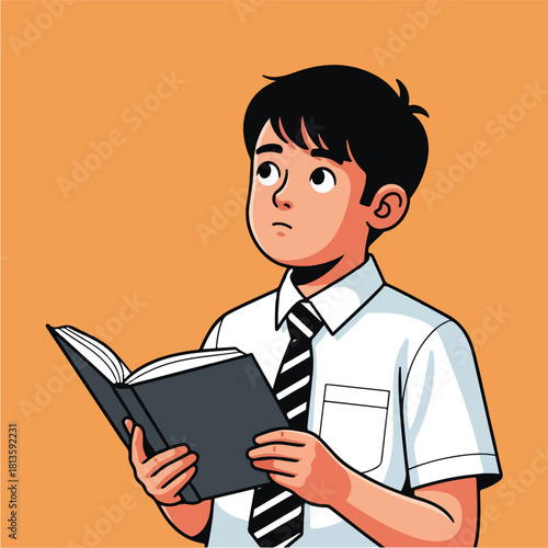 Young student boy reading a book and looking up thinking or contemplating in a cartoon illustration style.