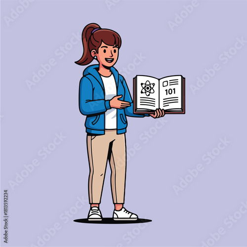 Young woman holding an open science textbook illustrating education and learning.