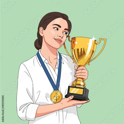 Young woman proudly holding a golden trophy and wearing a medal.
