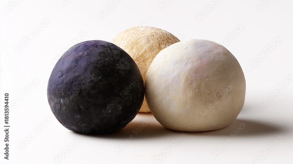 Fototapeta premium Three different colored dough balls representing charcoal, whole wheat, and white flour varieties on a plain background.