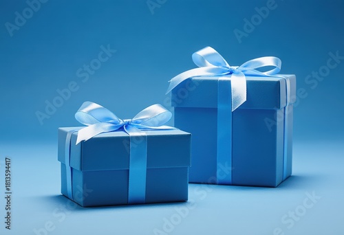 Elegant blue gift boxes with satin ribbons on solid blue background