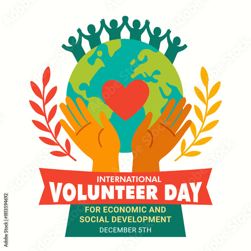 International volunteer day concept with earth hands heart and leaf isolated on
