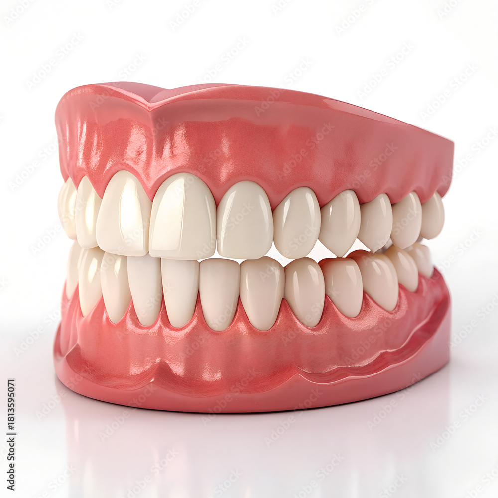 Fototapeta premium A realistic 3D model of a full set of dentures with white teeth and pink gums. A dental prosthesis for oral healthcare, isolated on a white background. Generative Ai.