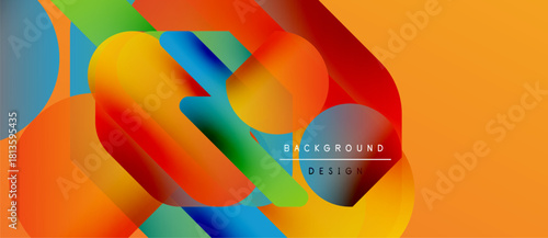 Abstract vibrant shapes overlap, creating dynamic colorful background. Orange dominates right side, gradients flow smoothly. Text reads background design.