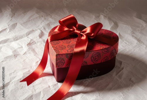 Heart-shaped gift box with red ribbon on textured paper background