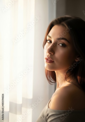 Sensual natural light portrait of young woman in off-shoulder top standing by bright window Free Download Sensual natural light portrait of young woman in off-shoulder top standing by bright window - GFXLoad