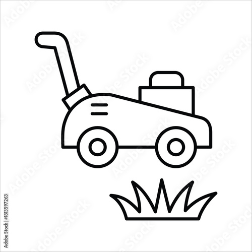 Clean line drawing depicting a functional lawnmower with wheels and handle next to a vibrant tuft of grass, highlighting essential garden upkeep and domestic yard chores