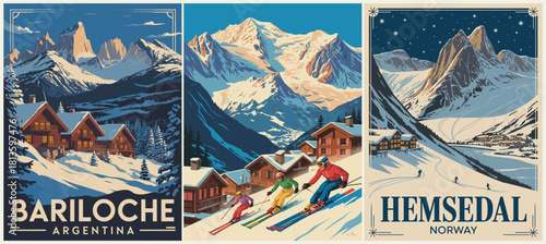 Vintage travel poster triptych of mountain ski resorts in Bariloche and Hemsedal, featuring snowy peaks, chalets, skiers, starry night, retro colors, and bold clean lines