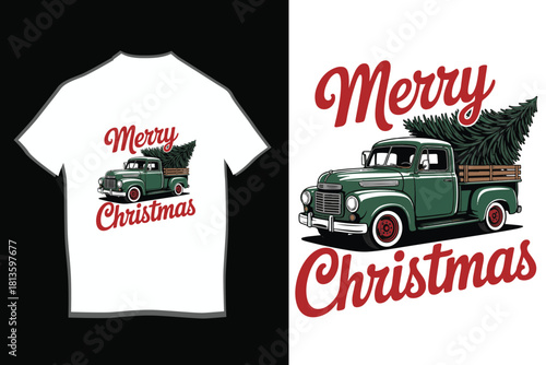 Vintage Red Truck Merry Christmas Tree T-Shirt