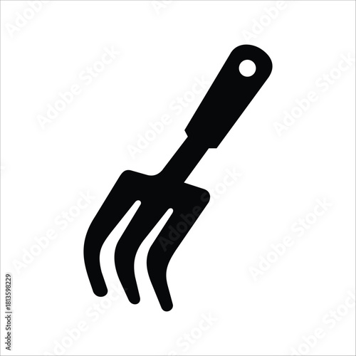 Simple black silhouette icon of a gardening fork, ideal for illustrating hand tools, soil cultivation, planting, weeding, and agricultural or home garden projects
