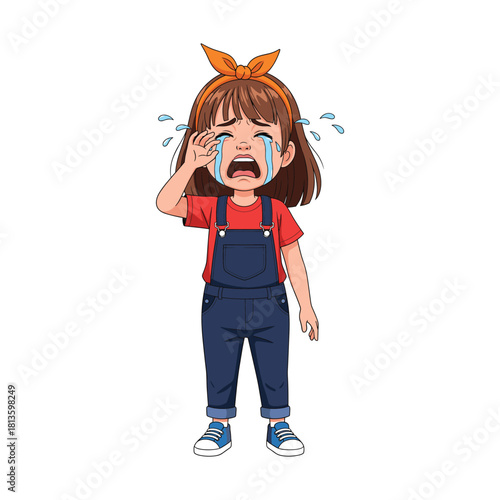 Cute cartoon vector illustration of a sad little girl crying loudly with tears. Expresses childhood emotion, distress, and unhappiness