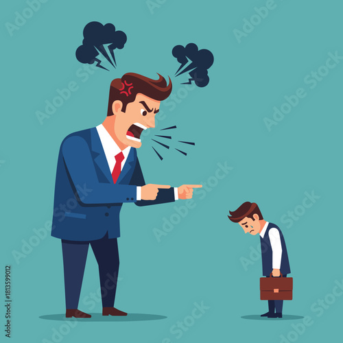Illustration of an angry boss yelling and pointing at a sad employee, symbolizing workplace conflict, bullying, stress, and poor management