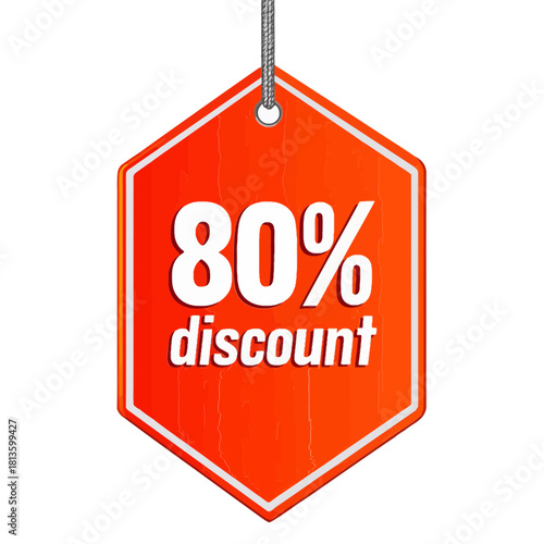 Bright orange hexagonal price tag hanging on a string showing "80% discount." Excellent for e-commerce, retail sites, marketing blogs, or articles on large sales and promotions