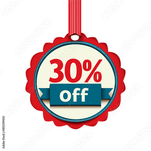 Red and white decorative badge with a ribbon displaying "30% off." Perfect for e-commerce, retail, marketing, advertising, and promotional sites or blogs focused on sales and deals.