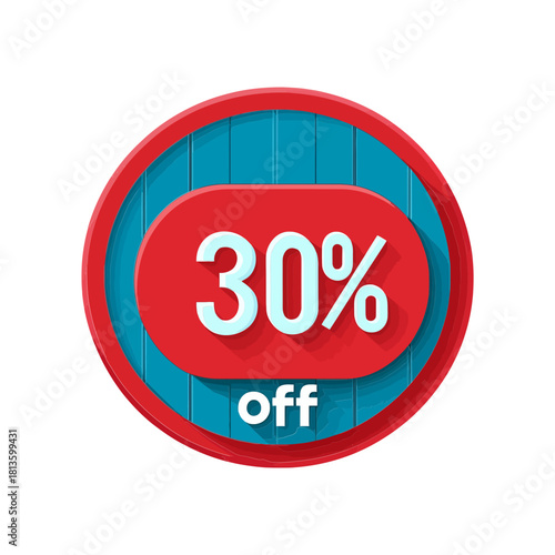 3D graphic badge showing "30% off" in red on a blue circle with wood texture. Perfect for e-commerce sites, retail blogs, or articles on sales and marketing promotions