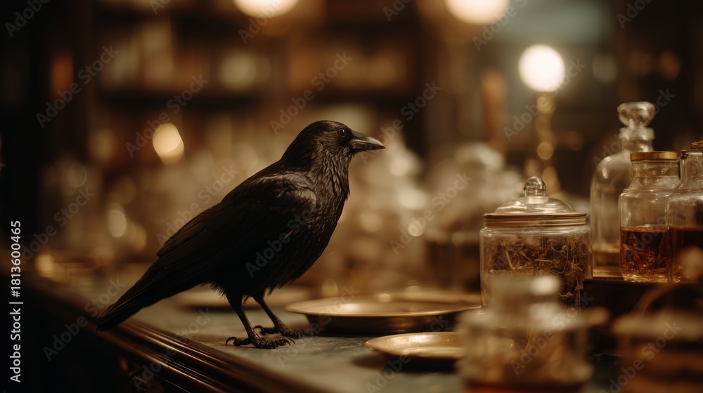 Obraz premium A raven stands gracefully on a counter surrounded by vintage apothecary jars in warm, atmospheric lighting.
