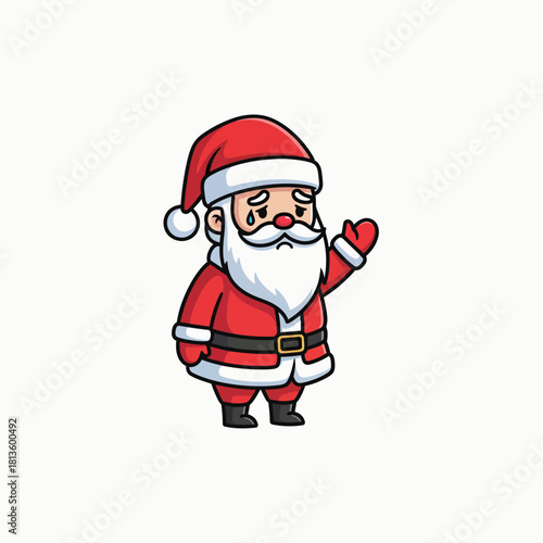 Unhappy Santa Claus Waving Hand Flat Style Vector Illustration. Cute Character Icon Showing Depression, Stress, or Disappointment During the Christmas Season. Isolated Clipart Graphic Resource.