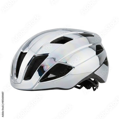 White Cycling Helmet with Reflective Accents and Ventilation System Isolated on Black Background