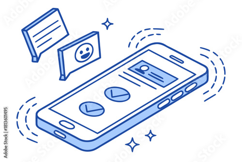 Isometric line art illustration of a smartphone with chat bubbles, notifications, and checkmarks on the screen.