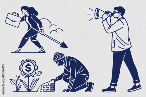 Illustration depicting business concepts, including growth, promotion, and financial investment strategies.