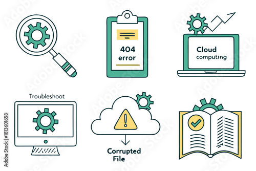 Collection of various technology-related icons, including cloud computing and troubleshooting symbols.