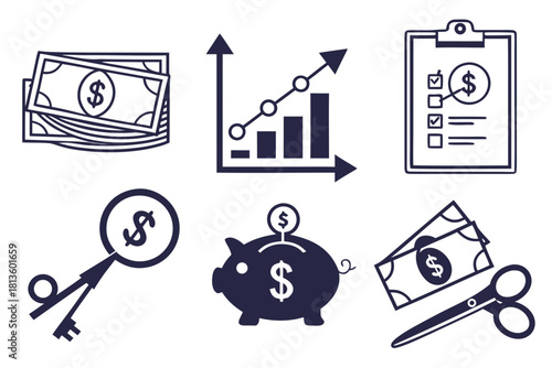 Finance and money icons: cash, graph, clipboard, key, piggy bank, scissors.