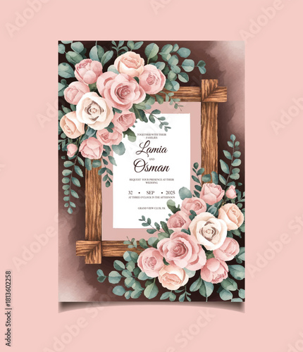 Floral Wedding Invitation card: A delicately designed wedding invitation showcases a wooden frame adorned with exquisite roses and lush greenery, all set against a soft, elegant backdrop.