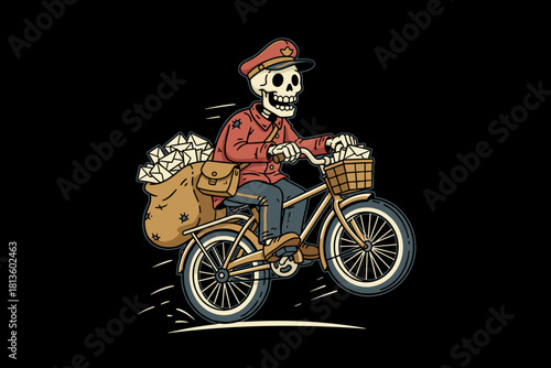 Skeleton Postman Riding Bicycle with Mailbag.