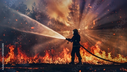 Silhouette of firefighters standing against a raging wildfire