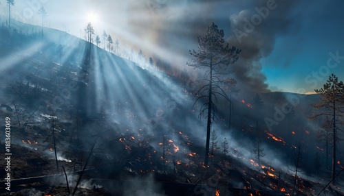 Forests in the mountains were destroyed by massive forest fires