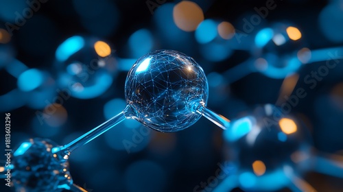 Close up view of a molecular structure with blue and orange bokeh in the background image scene