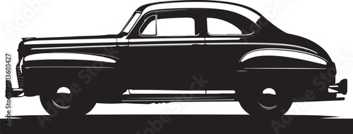 A stark black silhouette graphic depicting the side profile of a vintage American two-door coupe, likely from the 1940s, set against a bright white background for high contrast.
