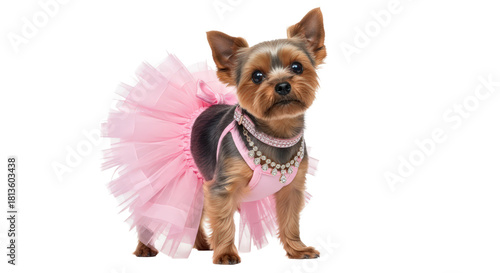 Glamorous yorkshire terrier dog in pink tutu dress and jewels isolated on transparent background