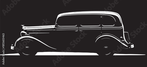 A striking, high-contrast black and white image showcasing the profile silhouette of a classic, four-door vintage automobile against a pure black background with subtle ground lighting.
