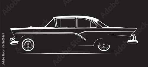 A stark, high-contrast silhouette graphic of a vintage American four-door sedan, possibly from the mid-1950s, rendered in white outline against a pure black background, emphasizing its classic shape.
