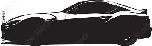 A stark black silhouette graphic depicting the side view of a sleek, modern sports car, likely a Toyota Supra, against a pure white background for high contrast.
