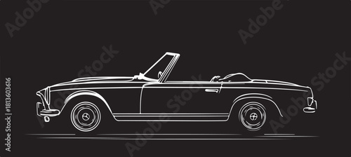 A striking, high-contrast line art representation of a vintage convertible car, rendered in glowing white or gold lines against a pure black background, emphasizing its classic silhouette and form.
