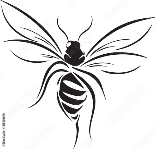 A striking, stylized illustration of a bee rendered in bold black lines against a pure white backdrop, emphasizing its segmented body and delicate wings with artistic flair and simplicity.
