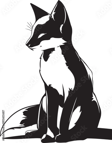 A striking, high-contrast black and white drawing depicts a stylized kitsune, a mythical fox spirit, sitting calmly with its eyes partially closed, showcasing sharp features and a bushy tail.
