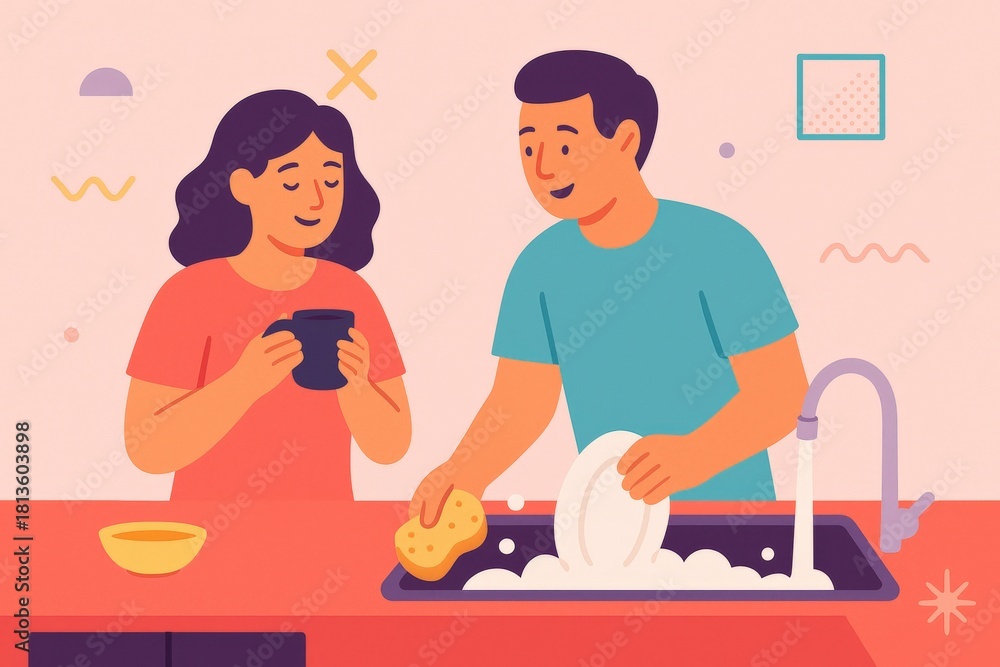 Fototapeta premium Engaging domestic moment between a man and woman as they navigate everyday tasks reflecting teamwork and shared responsibilities in a cozy kitchen environment