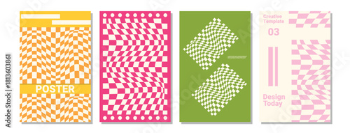 Liquid Psychedelic Checkerboard Poster Set Retro Wavy Distorted Grid Pattern Wall Art Abstract Optical Illusion Vector Print Template Modern Trippy Background Creative