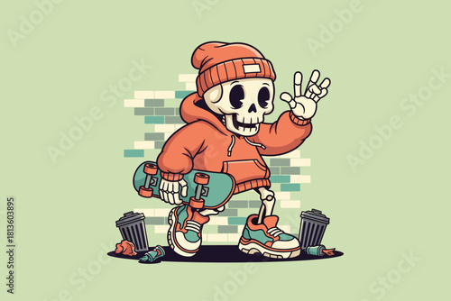 Skeleton Skater Character with Skateboard and Beanie.