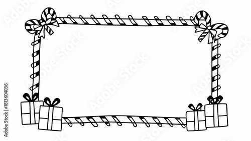 Hand drawn black and white outline border frame decorated with candy cane rope and gift box present illustration, isolated on