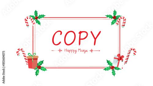 Festive christmas holiday frame border with candy canes holly berries and gift box decoration isolated on for seasonal greeting card design or copy space