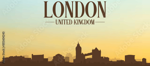 Panoramic poster of the city skyline with misty background buildings, hills sunrise, sunset and clouds of LONDON, UNITED KINGDOM