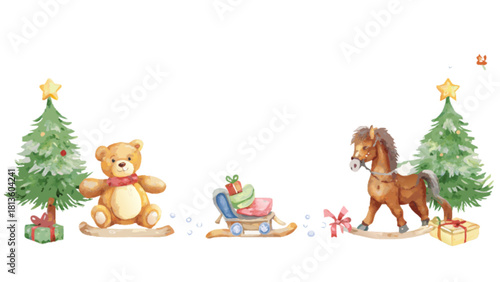 Watercolor illustration of classic christmas toys including a teddy bear, a rocking horse, a sleigh full of gift, and two decorated pine tree, isolated on