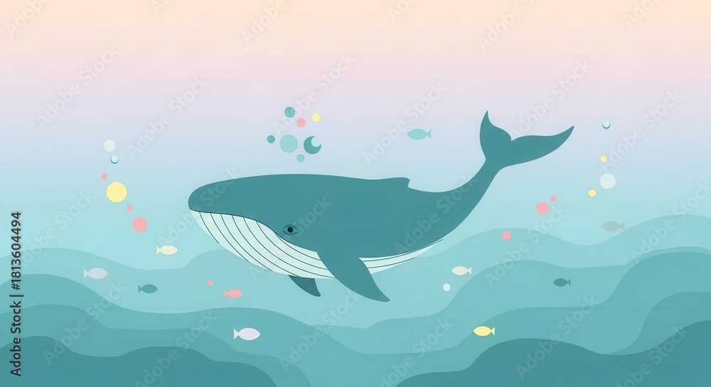 Obraz premium Large marine mammal swims gracefully through gentle ocean waves beneath a soft sky