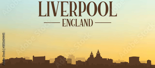 Panoramic poster of the city skyline with misty background buildings, hills sunrise, sunset and clouds of LIVERPOOL, UNITED KINGDOM