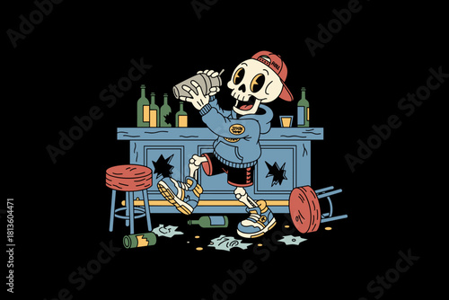 Skeleton Bartender Shaking Cocktail at Bar.