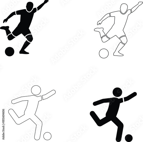 Soccer Player Kicking Ball Vector Icons: Football Striker Silhouette. Sport Action, Kick, Goal & Team Game Pictograms
